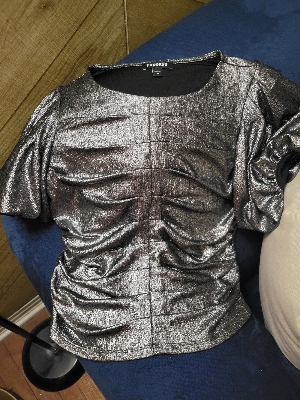 Express Metallic Silver Ruched Puff-Sleeve Tee